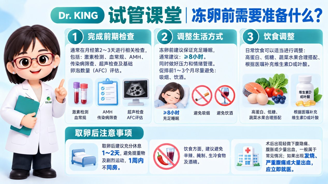 冻卵前准备及取卵后注意事项示意图